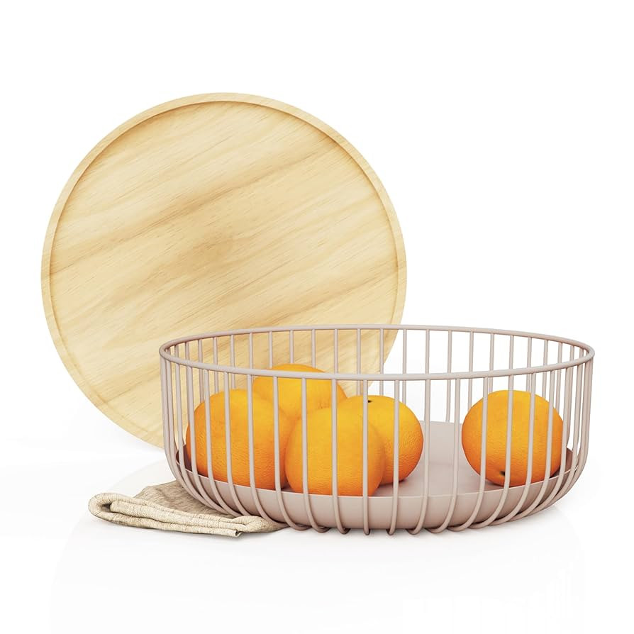 Fruit Basket for Kitchen - Multi-Purpose Stackable Basket with Wooden Lid - Powder Coated Metal a... | Amazon (US)
