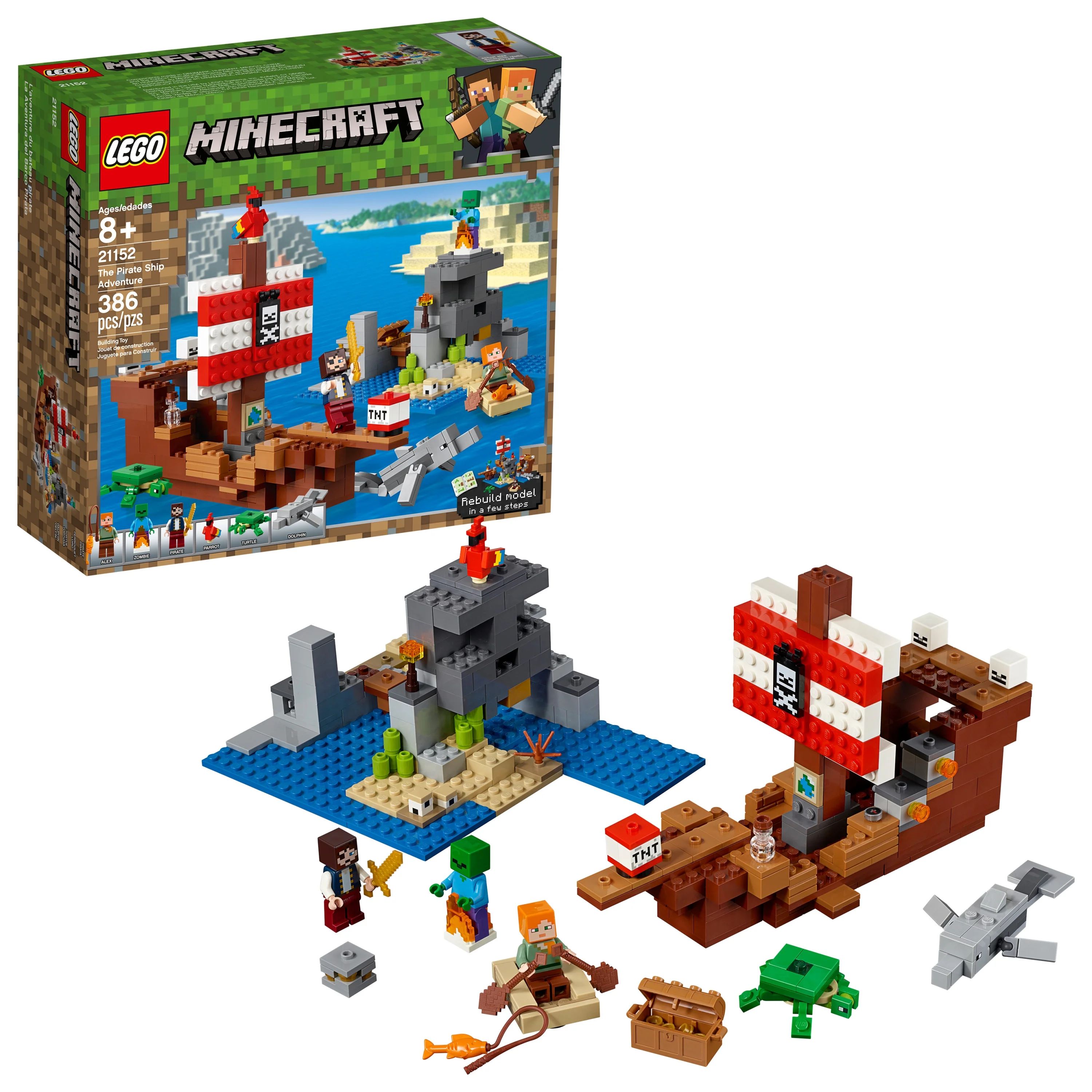 LEGO Minecraft The Pirate Ship Adventure 21152 Pirate Ship Boat Shark Treasure Chest Building Toy... | Walmart (US)