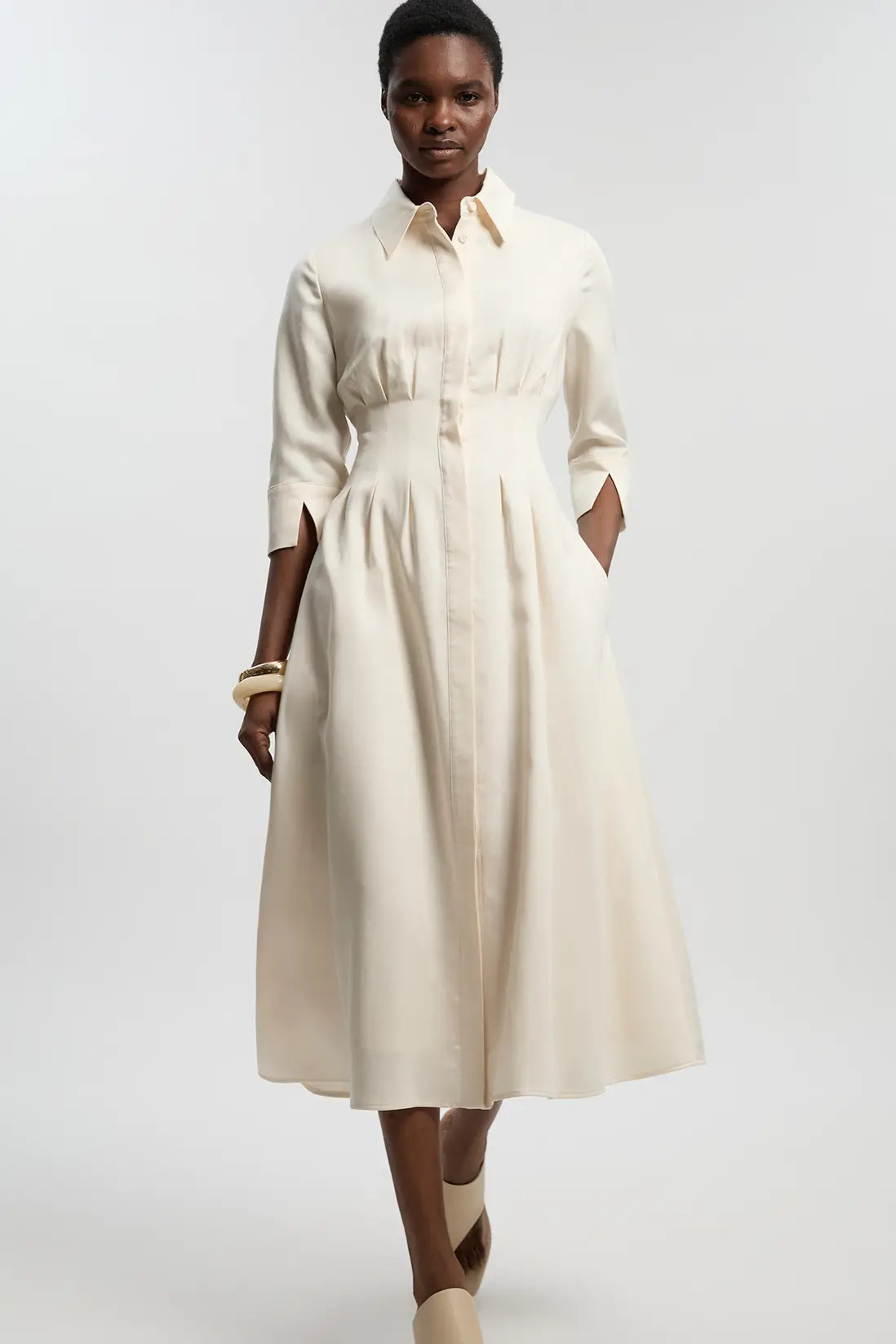 Ivory Petite Tailored Linen Darted Waist Midi Dress | Karen Millen USA | Karen Millen US