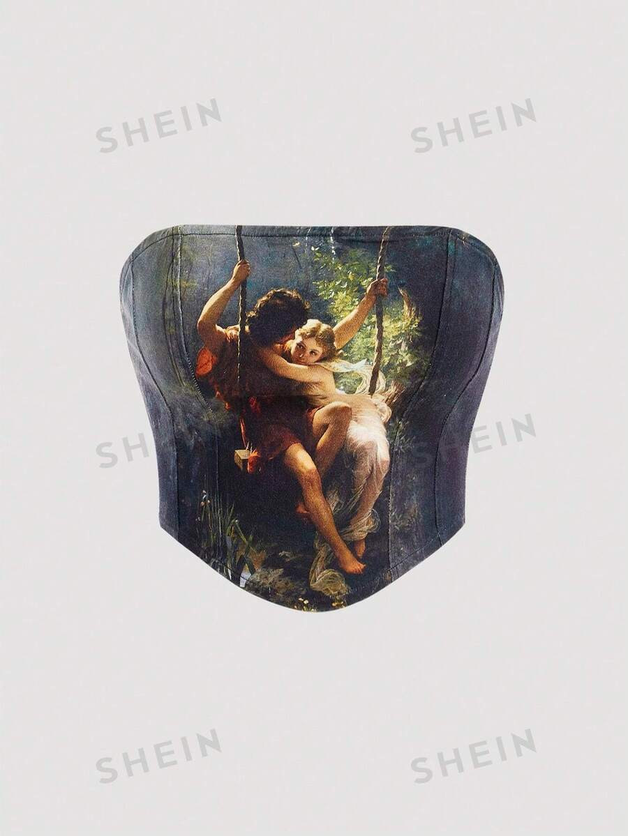 SHEIN MOD Sexy Cut-Out Stretchy Plus Size Women's Denim Bandeau Top | SHEIN