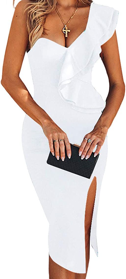 UONBOX Women's One Shoulder Sleeveless Knee Length Side Split Fashion Bandage Dress | Amazon (US)
