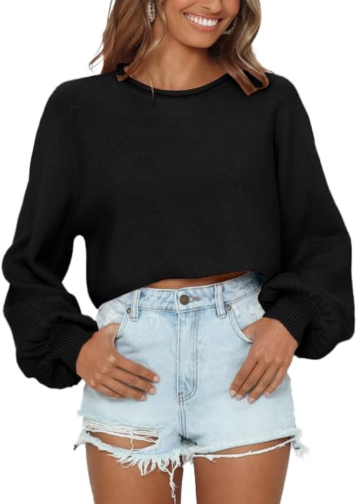Imily Bela Cropped Sweaters for Women Lantern Long Sleeve Crop Top Slouchy Trendy Loose Crewneck ... | Amazon (US)