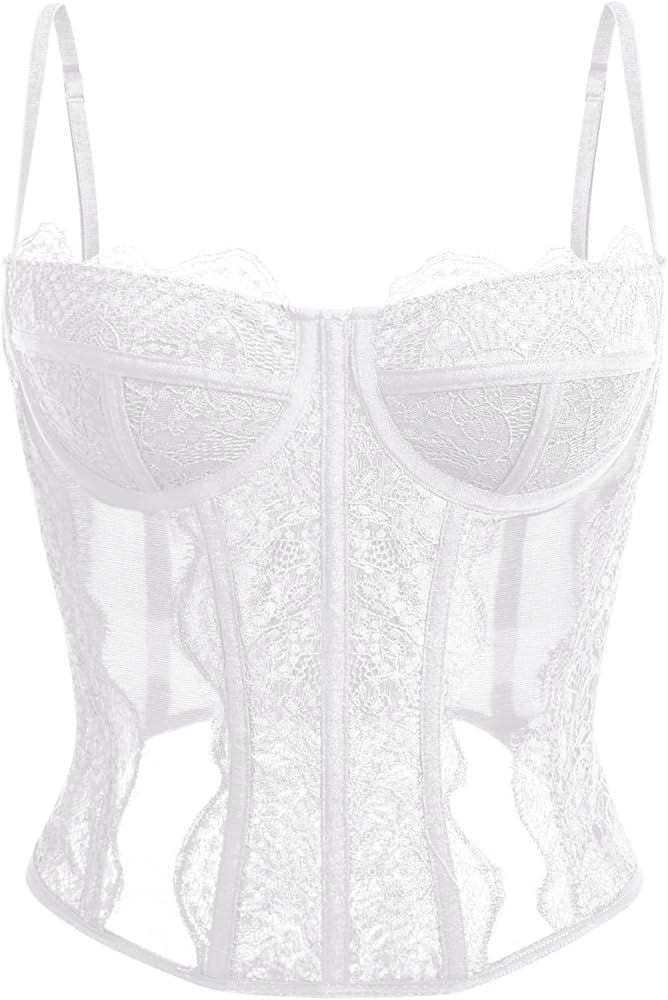 Dealmore Womens Lace Mesh Sexy Vintage Spaghetti Strap Open Back Boned Corset Going Out Party Top | Amazon (US)