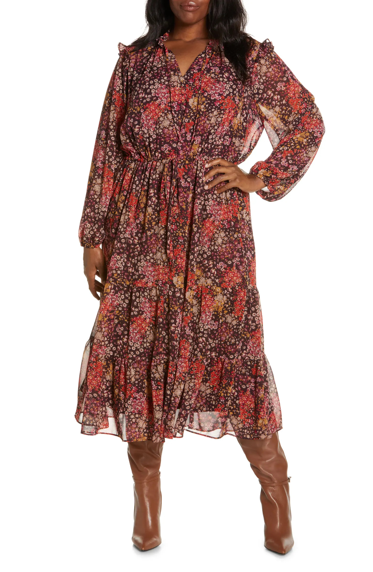 Tiered Long Sleeve Tie Waist Dress | Nordstrom