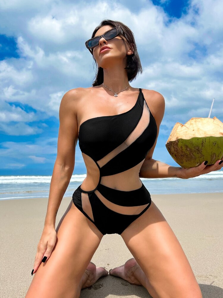Bikinx Contrast Mesh One Shoulder One Piece Swimsuit | SHEIN