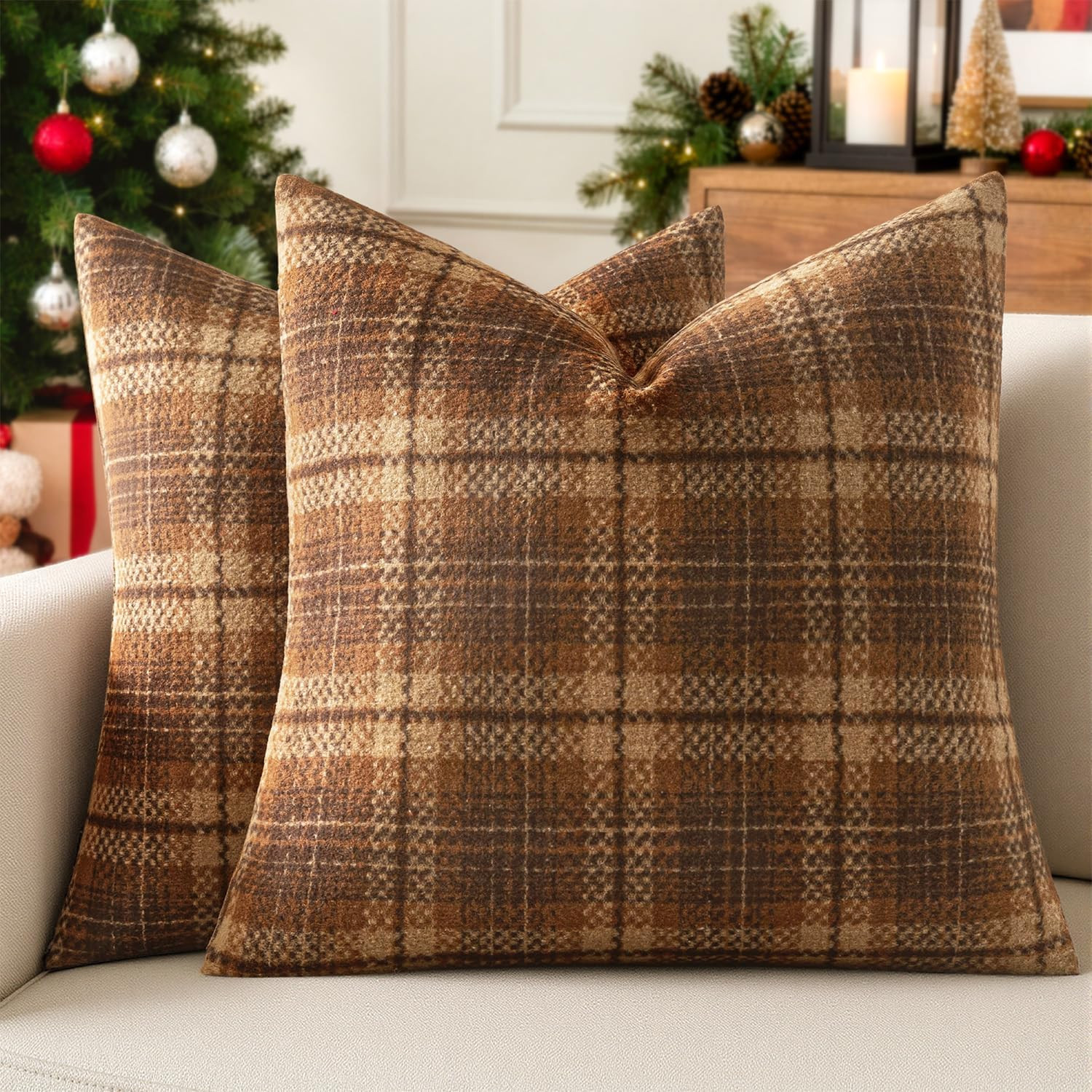 MIULEE Tartan Plaid Throw Pillow Covers Fall 18x18 Inch Brown | Amazon (US)