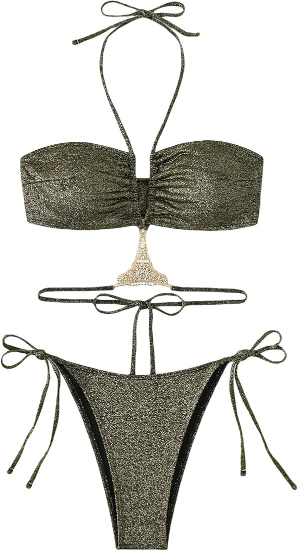 GORGLITTER Women's 2pcs Glitter Jewelry Decor Bikini Swimsuit Halter Ruched Top Tie Side Bottom B... | Amazon (US)