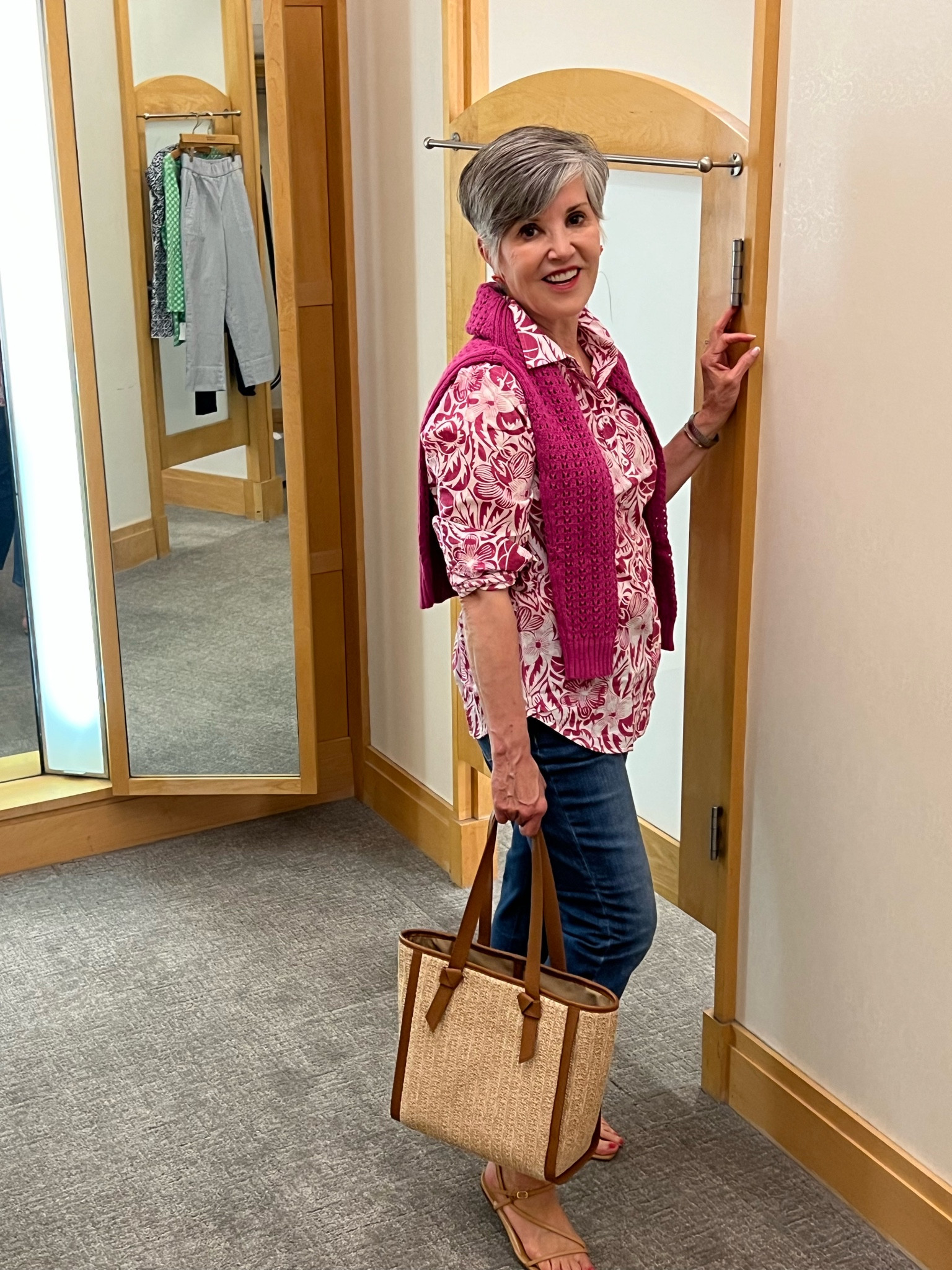 #ltkseasonal Talbots 30% off the store!
Violet print cotton shirt (M)/ violet open stitch cotton sweater (S)/ straight-leg crop jeans (6)/ tote goes with EVERYTHING!/ nude sandals

#LTKitbag #LTKunder100 #LTKsalealert