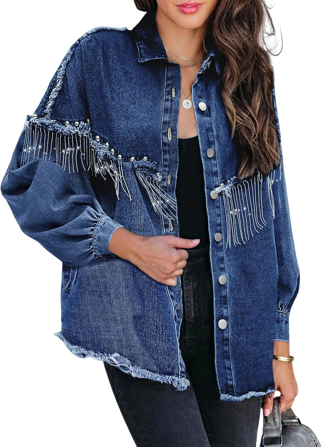 Daacee Women Oversized Fringe Denim Jacket Sparkly Tassel Western Coat | Amazon (US)