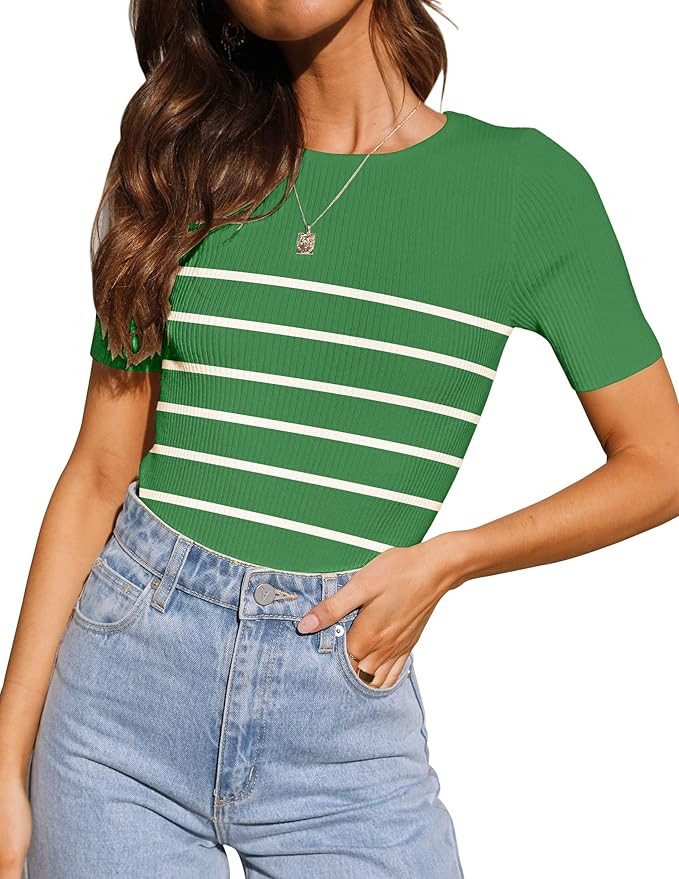 Women's Stripe Ribbed T-Shirt Short Sleeve Summer Shirts 2024 Knit Slim Fit Basic Solid Color Tee... | Amazon (US)