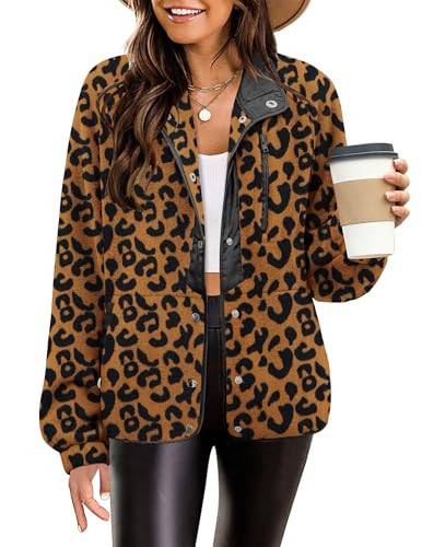 Zeagoo Women Leopard Coats Long Sleeve Fleece Shacket Jackets Snap Button Down Western Clothes Fall Outfits | Amazon (US)