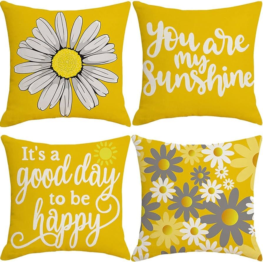 Decorative Yellow Throw Pillow Covers 18x18 inch Set of 4 Daisy You're My Sunshine Double-Sided P... | Amazon (US)