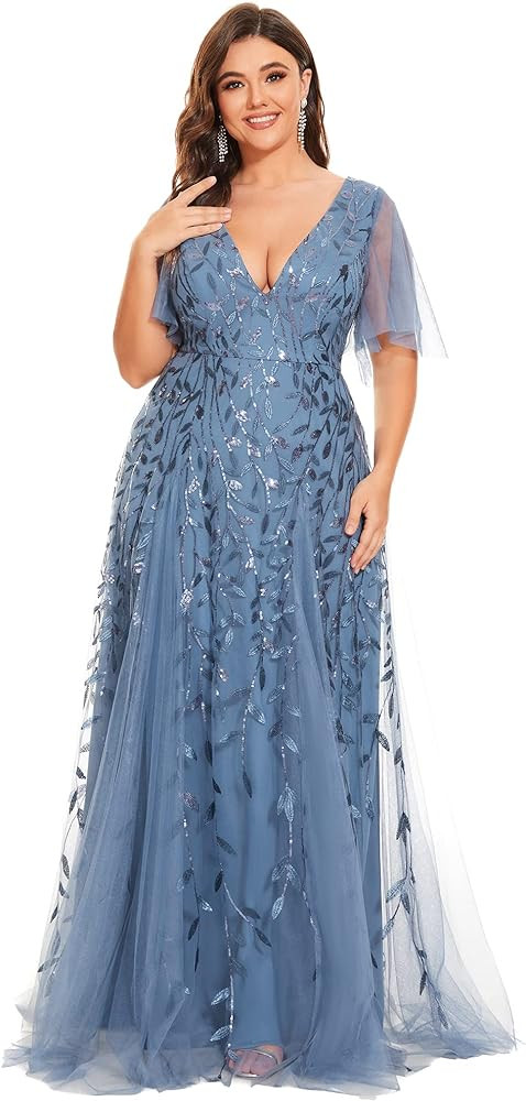 Ever-Pretty Womens Plus Size Sequin Emboridery Formal Evening Dresses with Sleeves 00736-DA | Amazon (US)