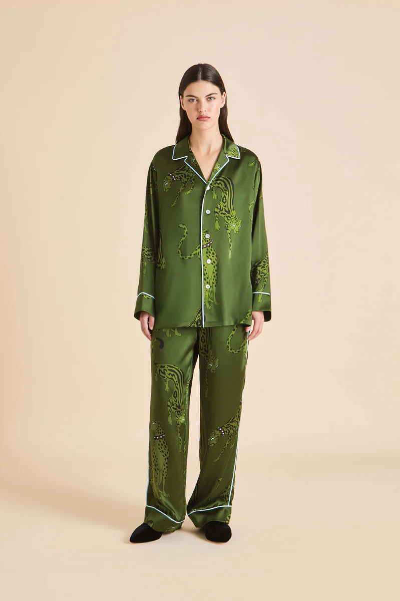 Yves Cosmos Green Leopard Pajamas in Silk Satin | Olivia von Halle