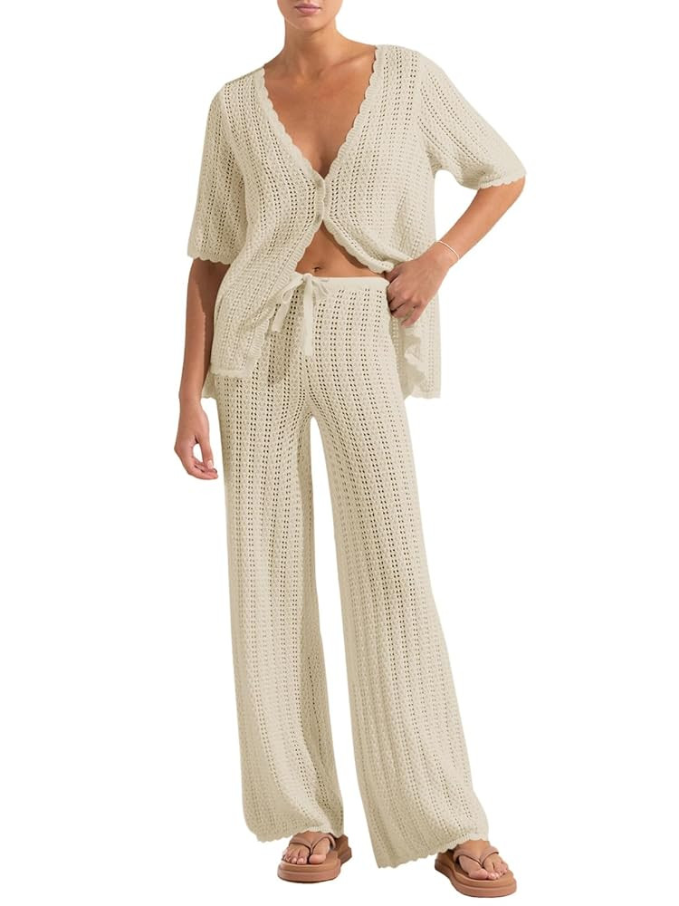 Imily Bela Women's Summer 2 Piece Swimsuit Cover up Crochet Knit Cardigan Tops Long Pants Set Bat... | Amazon (US)