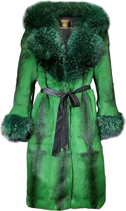 Women's Genuine Rabbit Fur Coat Long Winter Fur Jacket with Fox Fur Collar and Sleeve Cuffs | Amazon (US)
