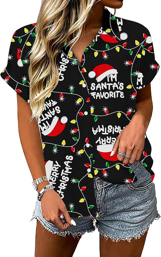 Christmas Hawaiian Shirts Women July Xmas Holiday Button Down Shirt Summer Santa Graphic Blouse T... | Amazon (US)
