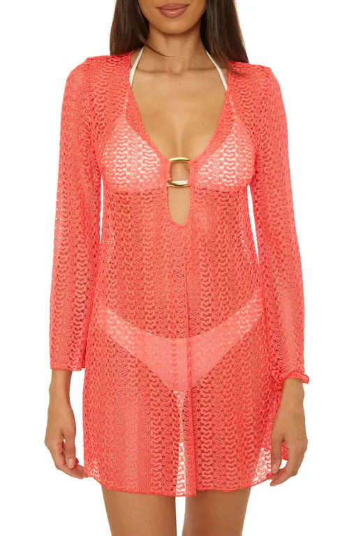 BECCA Metallic Long Sleeve Sheer Cover-Up Dress in Dragon Fire at Nordstrom, Size Medium | Nordstrom