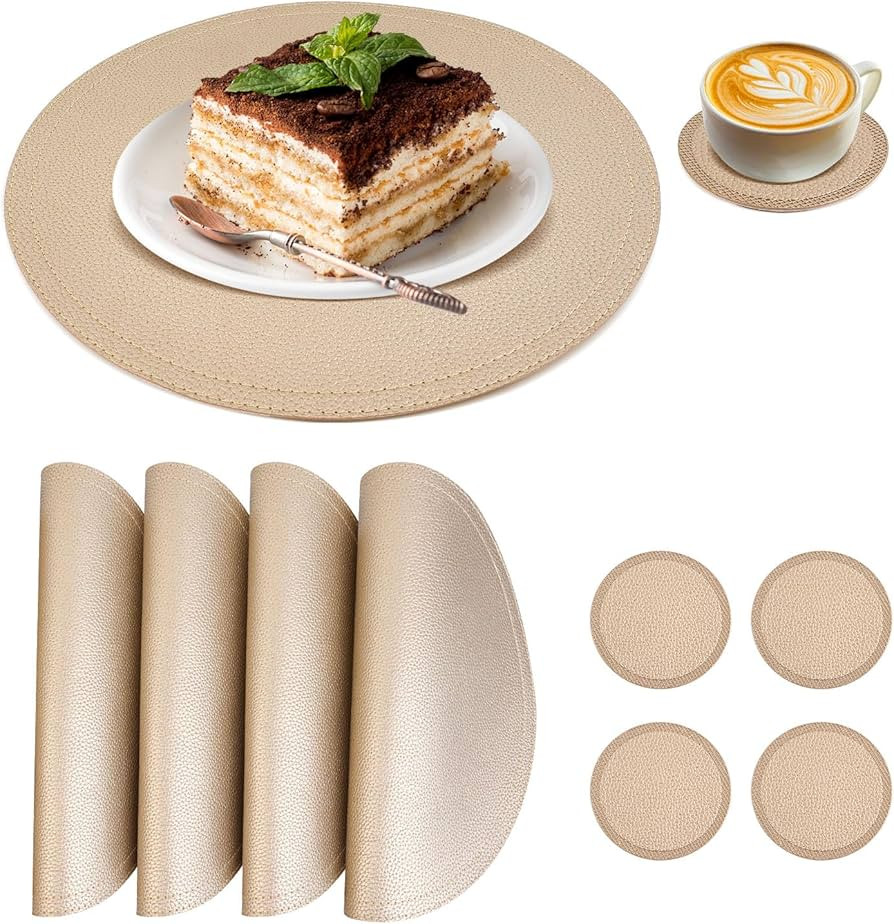 Set of 4 Faux Leather Gold Round Placemats and Coasters, Coffee Mats Kitchen Table Mats, Waterpro... | Amazon (US)