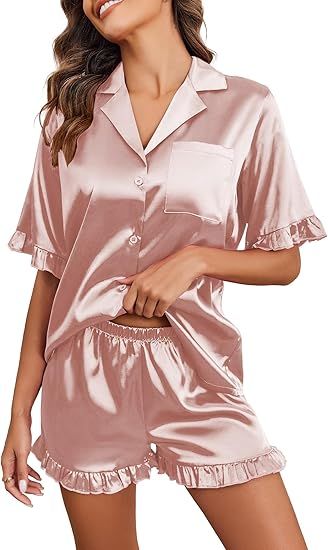 Ekouaer Womens Satin Pajamas Set Button Down Silk 2 Piece Pj Sets Ruffled Short Sleeve Sleepwear | Amazon (US)