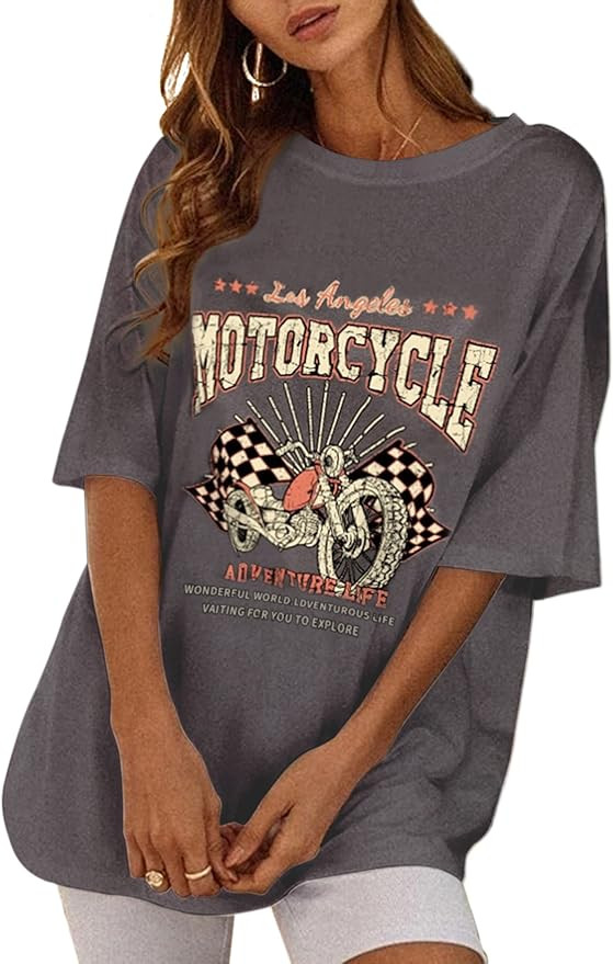 SAFRISIOR Women Vintage Motorcycle Print Graphic T-Shirt Short Sleeve Round Neck Casual Oversized... | Amazon (US)