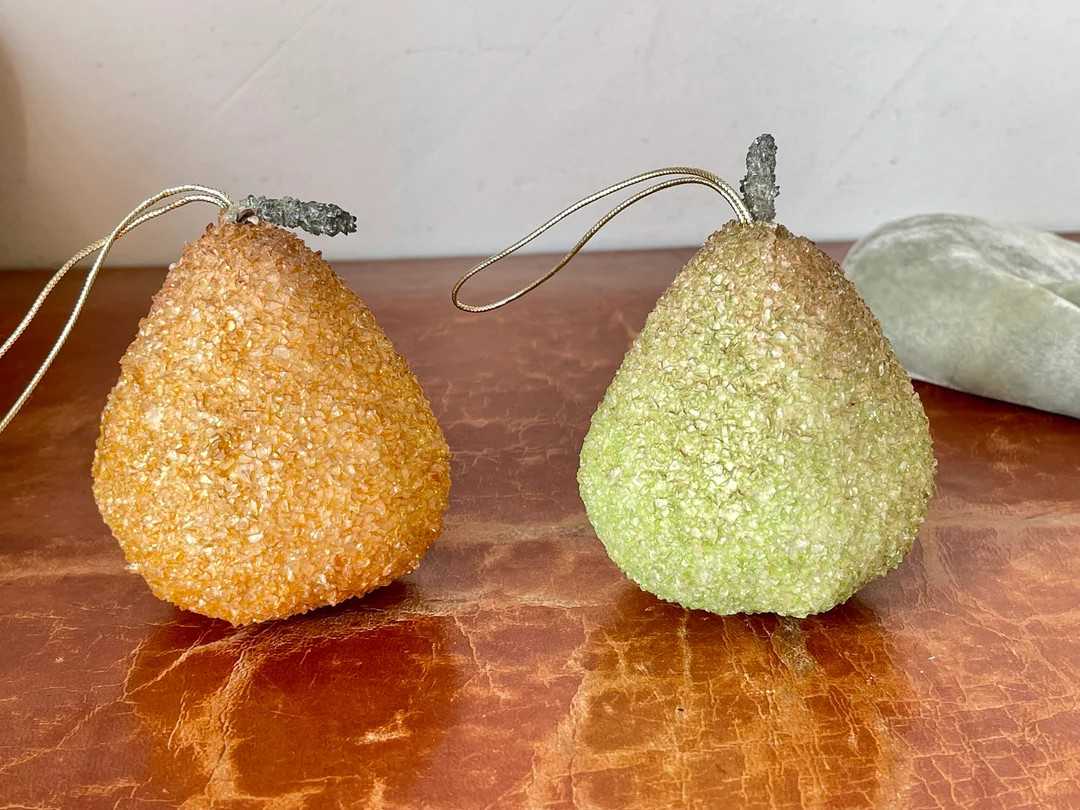 Sugared Fruit Pear Christmas Tree Ornaments Set of 2 Italian Style Sugar Glass Beaded Fruit Ornam... | Etsy (US)