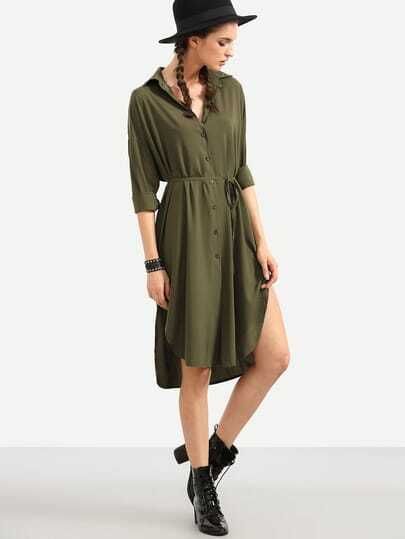 Olive Green Self Tie High Low Shirt Dress | SHEIN