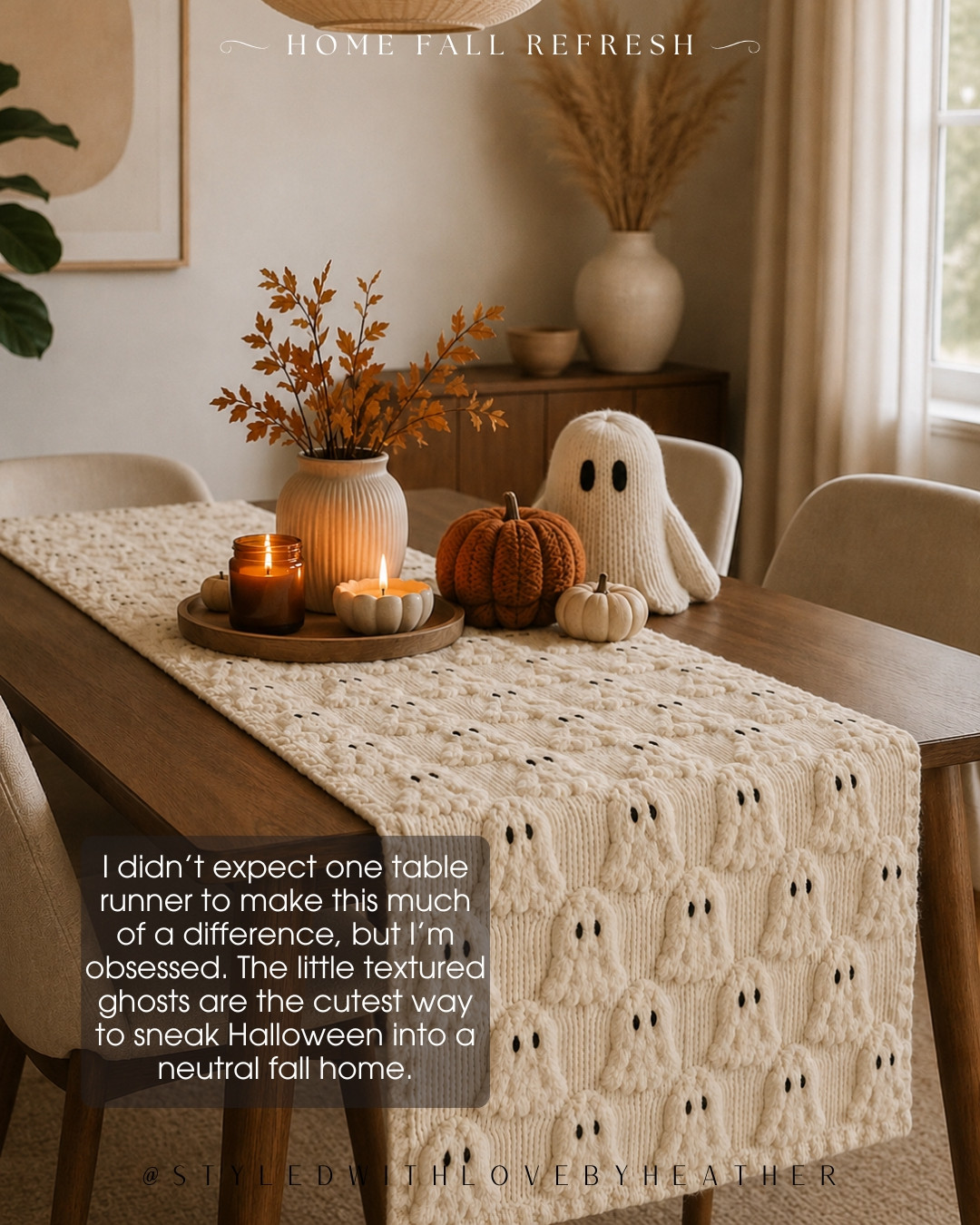 I didn’t know I needed a ghost table runner until I saw how cute this looks. 👻 It gives a neutral dining space the perfect little Halloween moment while still feeling cozy and elevated. Shop this spooky-season find below! 

 #LTKdayinmylife #LTKvlog #LTKHome