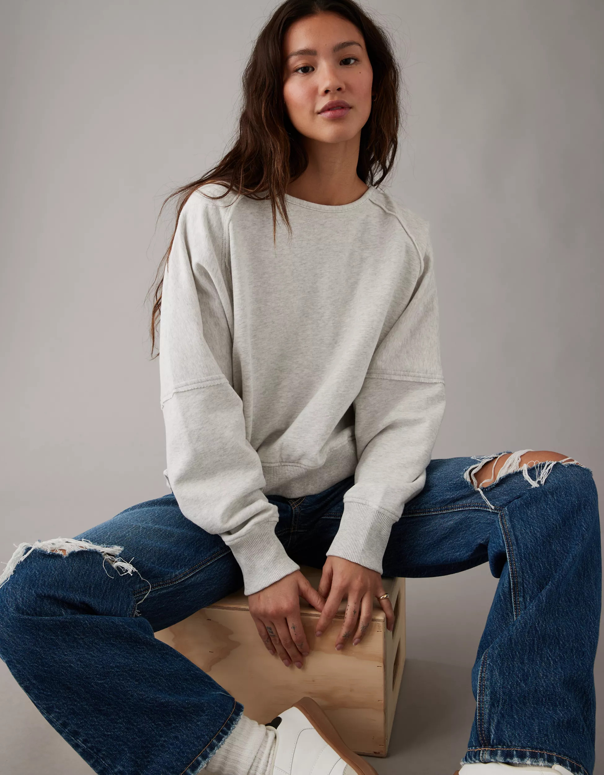 AE Long-Sleeve Cropped Twist-Back Sweatshirt | American Eagle Outfitters (US & CA)