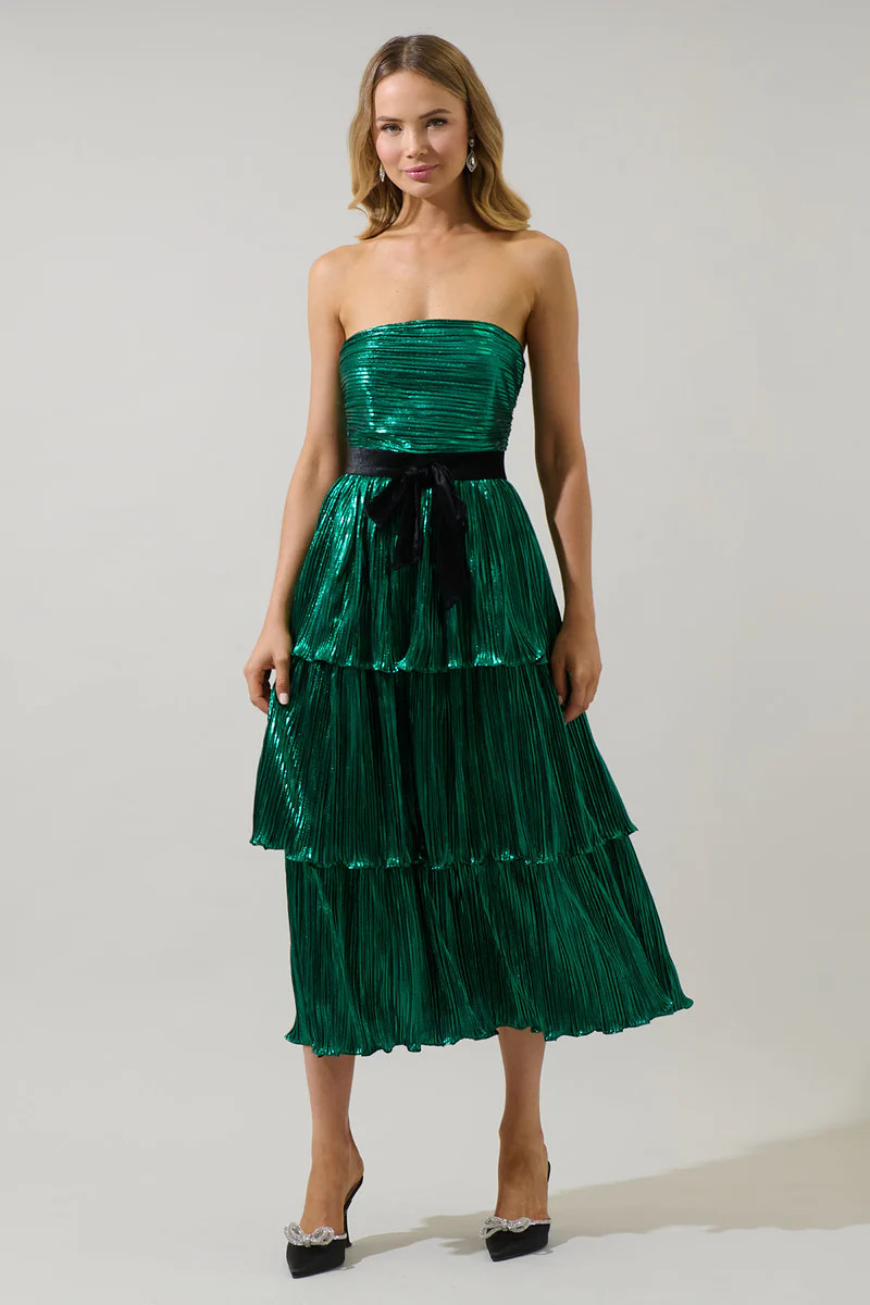 Katia Metallic Strapless Tiered Midi Dress | Sugarlips