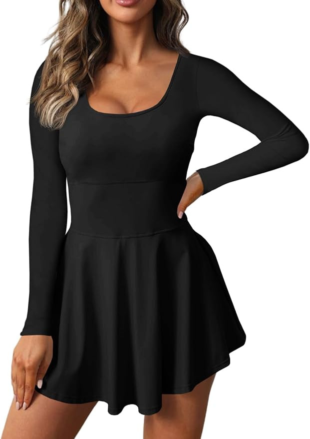 Fisoew Womens 2-in-1 Athletic Tennis Golf Dress Long Sleeve Underneath Workout Active Dresses wit... | Amazon (US)