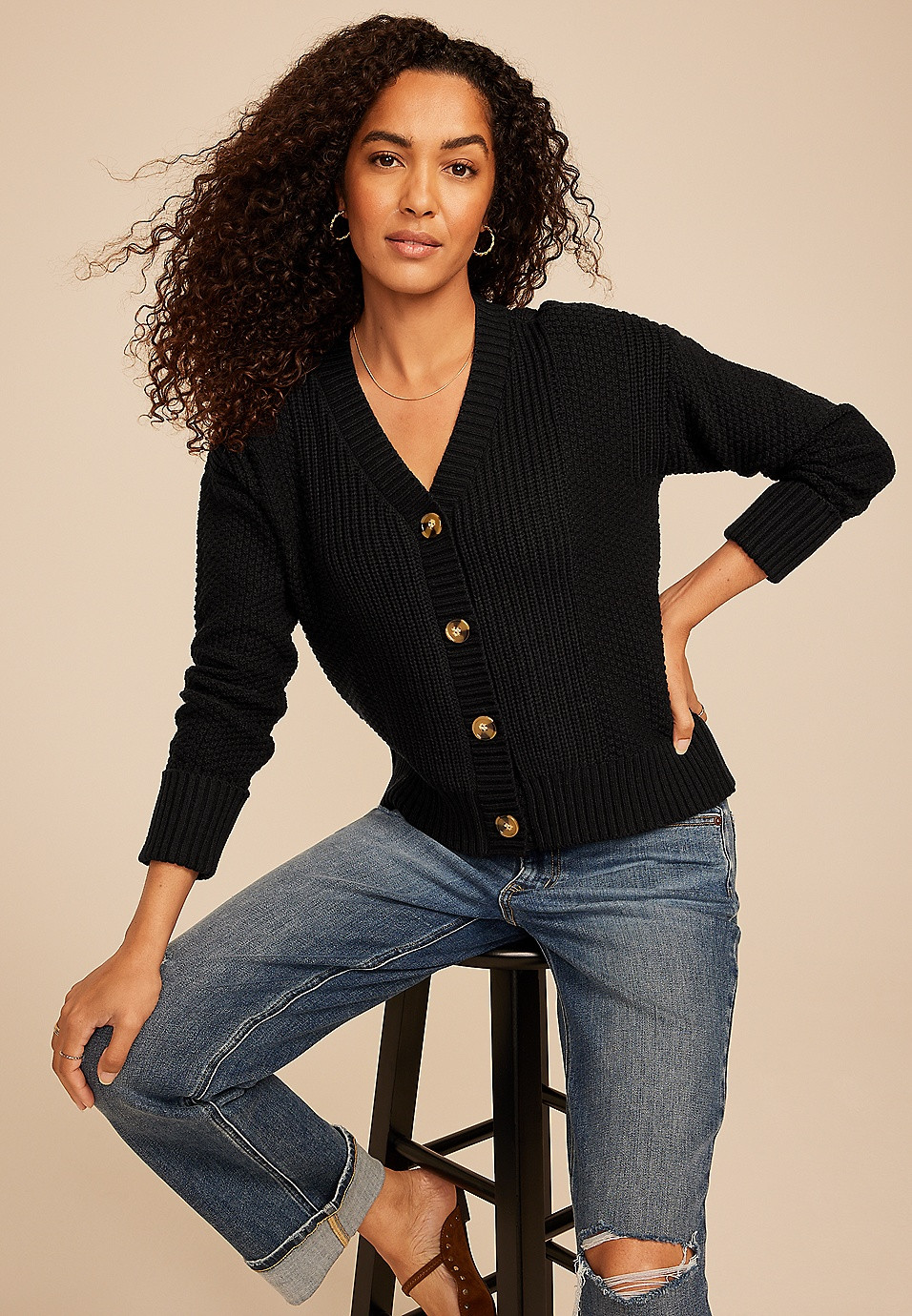 Mixed Stitch Button Front Cardigan | Maurices