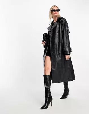 ASOS DESIGN washed faux leather trench coat in charcoal | ASOS (Global)