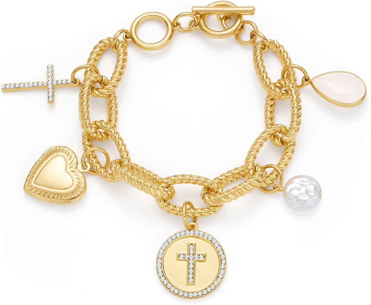 Gold Charm Bracelets for Women Chunky Gold Link Chain Bangle Bracelets Fashion Heart Cross Pearl ... | Amazon (US)
