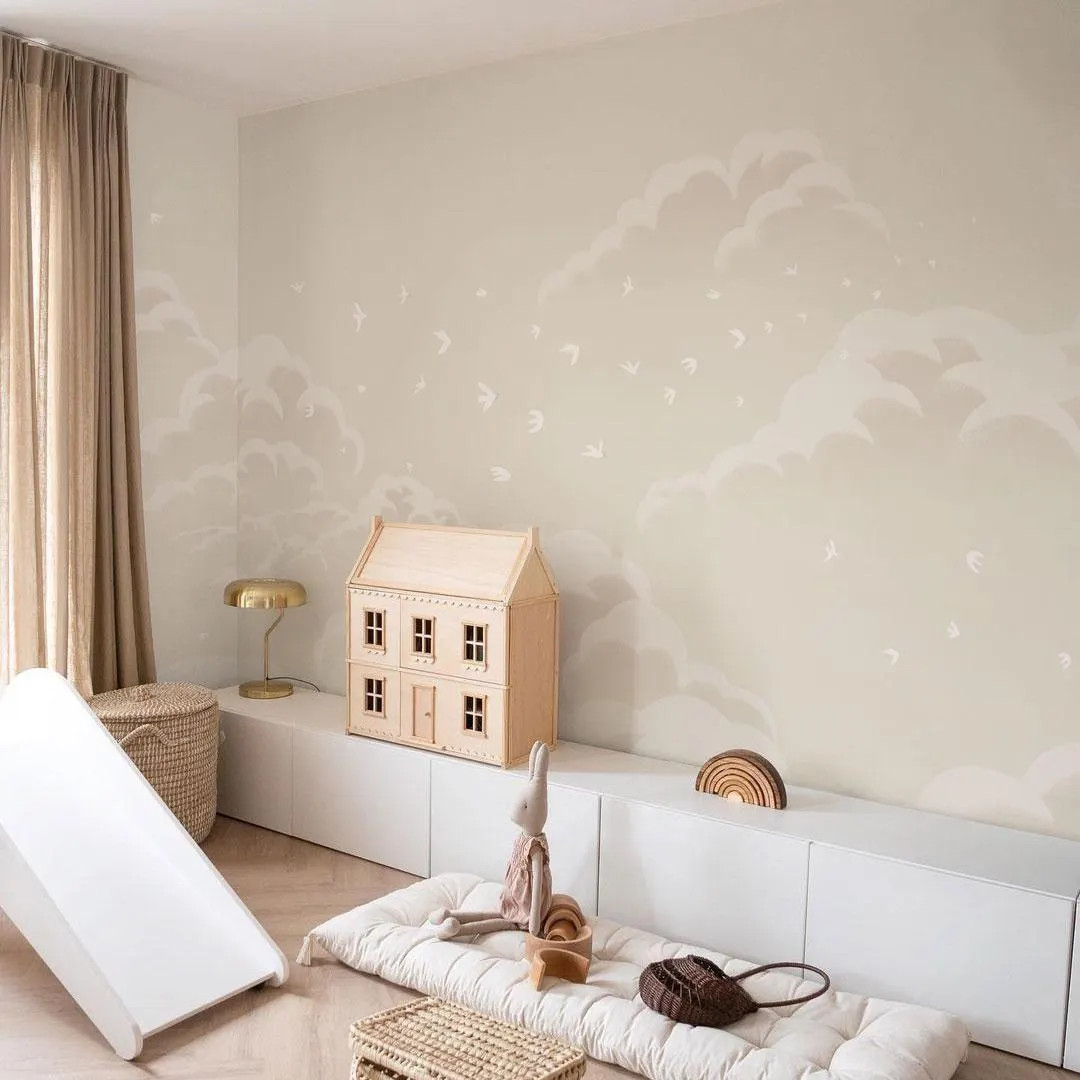 Neutral Cloud & Birds Wallpaper Mural – Soft Beige Sky Wall Art for Kids Room or Nursery, 2-203... | Etsy (US)