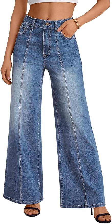 Trendy Queen Womens Wide Leg Jeans - High Waisted Baggy Pants, Soft Comfort Cotton Denim with a R... | Amazon (US)