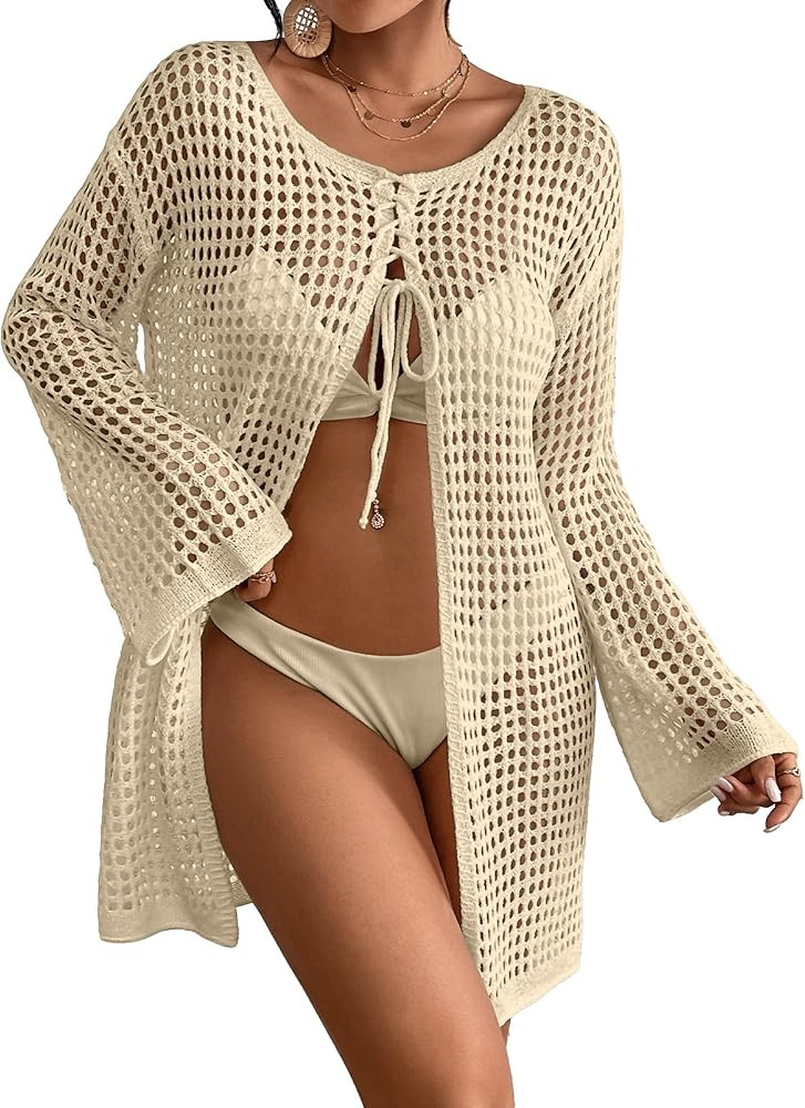 Eddoyee Bathing Suit for Women Crochet Beach Cover Ups Hollow Out Long Sleeve Swimsuit Bikini Set... | Amazon (US)