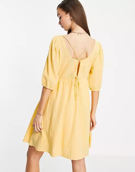 Vero Moda mini smock dress with cross back in yellow | ASOS (Global)