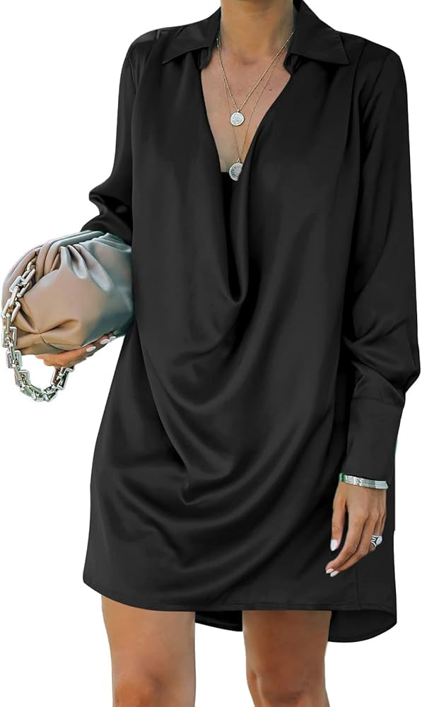 CTU Satin Dress for Women Collar V Neck Drape Ruched Front Long Sleeve Going Out Mini Dresses | Amazon (US)