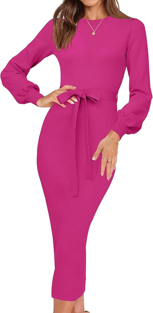 HAEOF Womens 2023 Fall & Winter Sweater Dress Elegant Ribbed Knit Crewneck Long Puff Sleeve Bodyc... | Amazon (US)