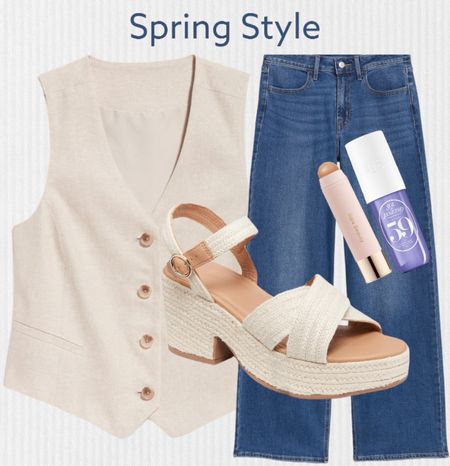 Spring outfit idea, linen vest, wide leg jeans, platform sandals, favorite Sephora products 
#LTkbeauty 
Spring style, spring trends, 

#LTKsalealert #LTKstyletip #LTKxSephora #LTKSeasonal #LTKfindsunder50