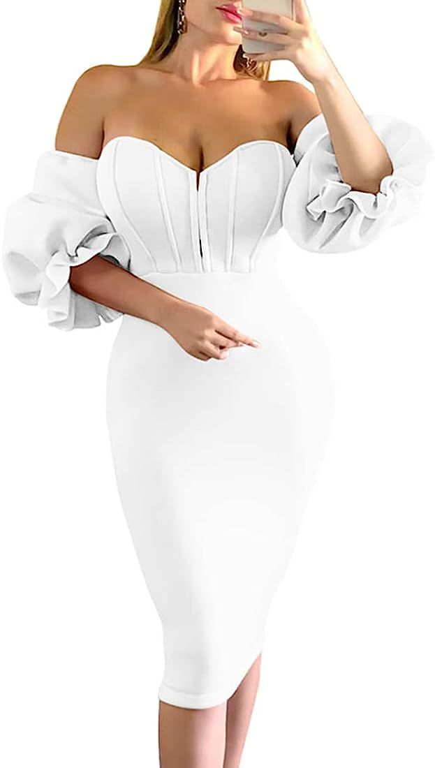 Memoriesea Women's Sexy Off Shoulder Bodycon Lantern Sleeve Front Hook Midi Party Dress | Amazon (CA)