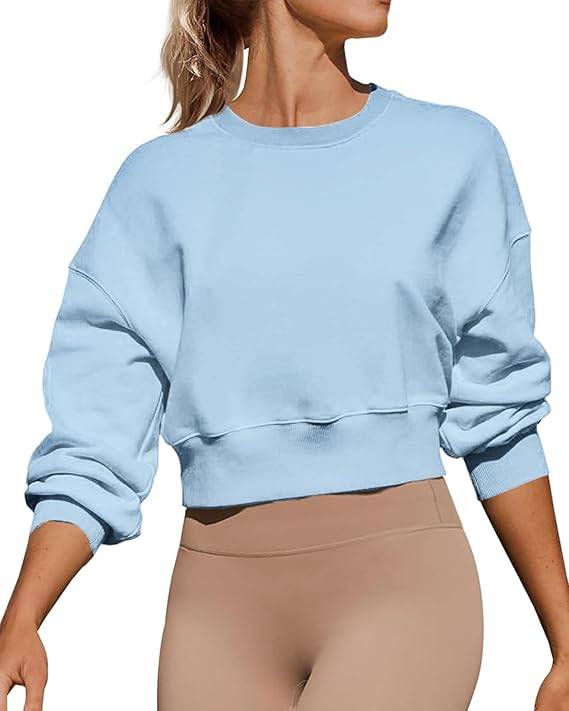 Women's Long Sleeve Round Neck Cropped Sweatshirts Cute Loose Fit Pullover Tops | Amazon (US)