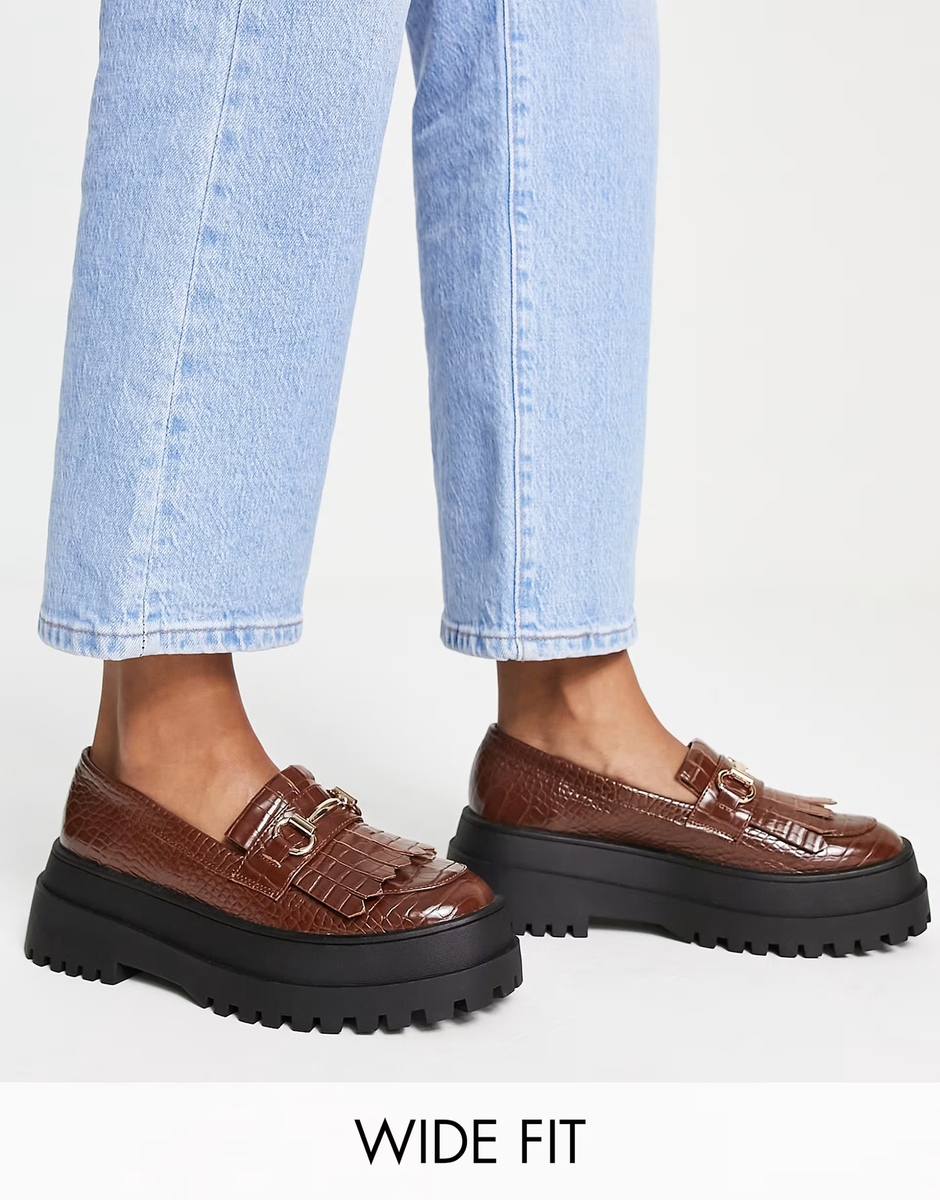 London Rebel wide fit snaffle apron loafers in brown croc | ASOS (Global)