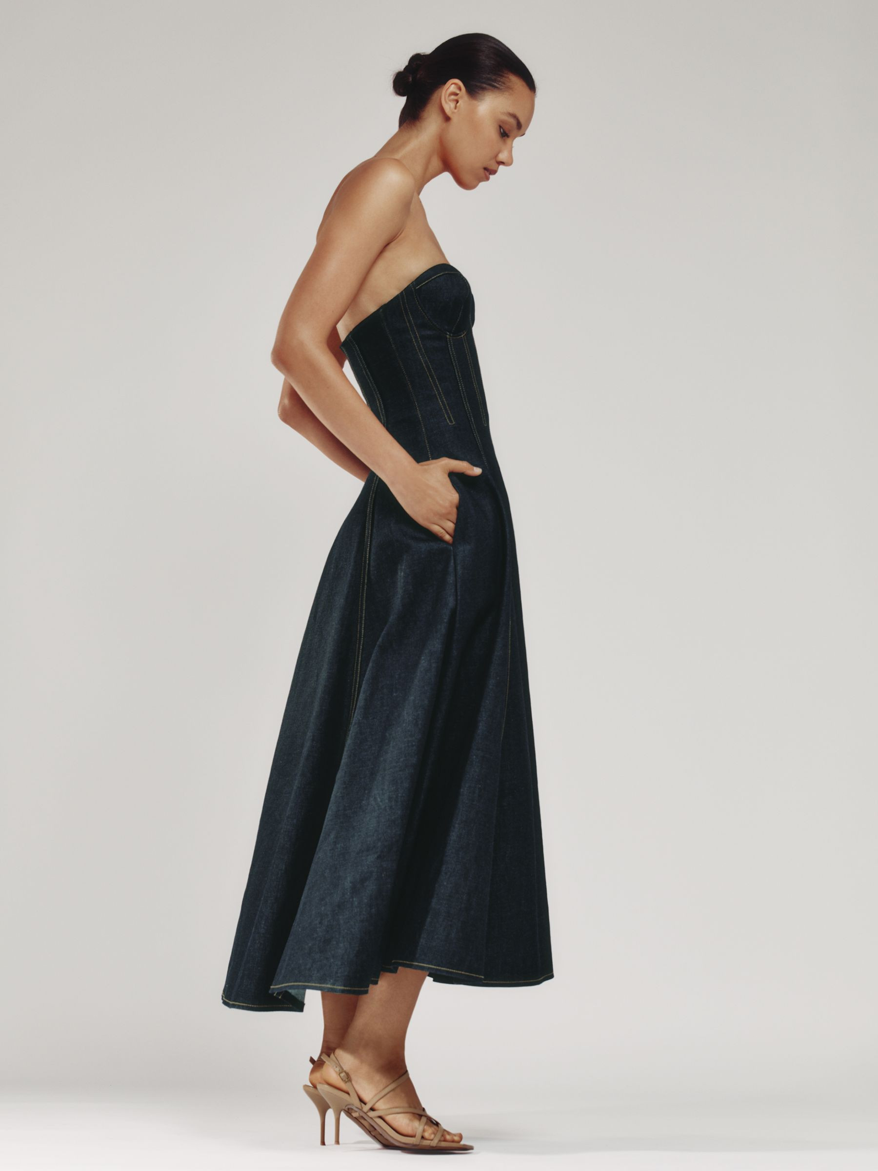 Strapless Structured Denim Midi Dress in Indigo Blue | Reiss UK