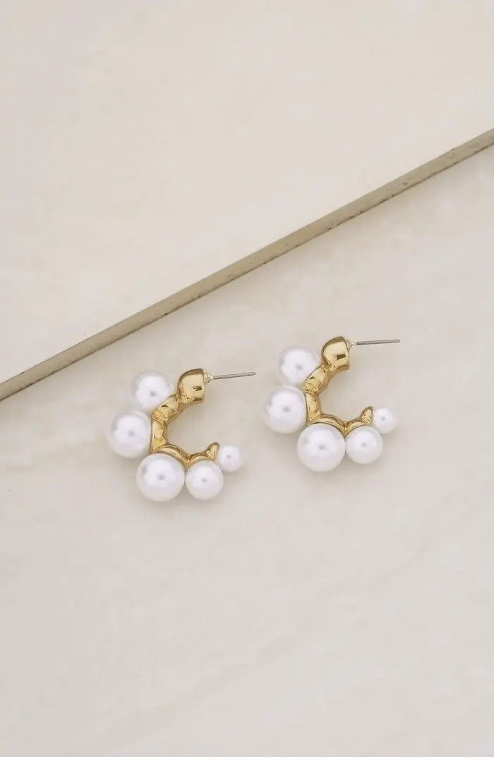 Ettika Five-Point Imitation Pearl Huggie Hoop Earrings | Nordstrom | Nordstrom