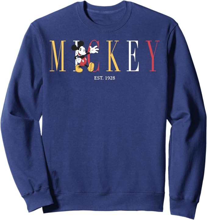 Disney Mickey And Friends Mickey Mouse Est. 1928 Simple Text Sweatshirt,Long Sleeve | Amazon (US)