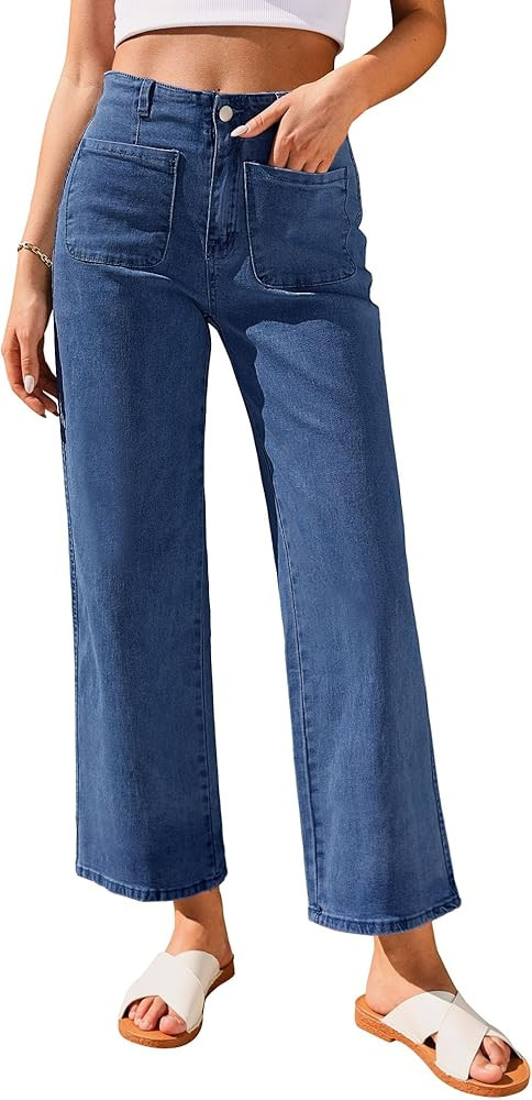 GRAPENT Wide Leg Jeans for Women High Waisted Straight Leg Stretchy Cropped Denim Pants with Pock... | Amazon (US)