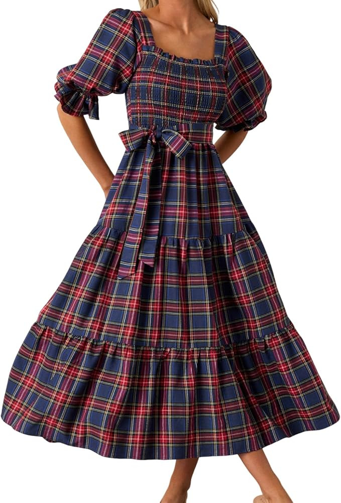 Women Christmas Plaid Sleeveless Maxi Dress Fall Ruffle Sleeve Cocktail Long Dresses Vintage Ging... | Amazon (US)
