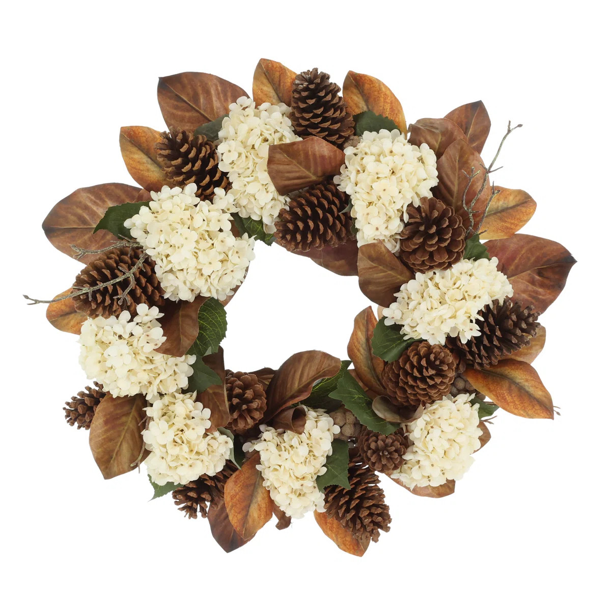 23" Fall Wreath with Magnolia Leaves, Hydrangeas and Pinecones | Wayfair North America